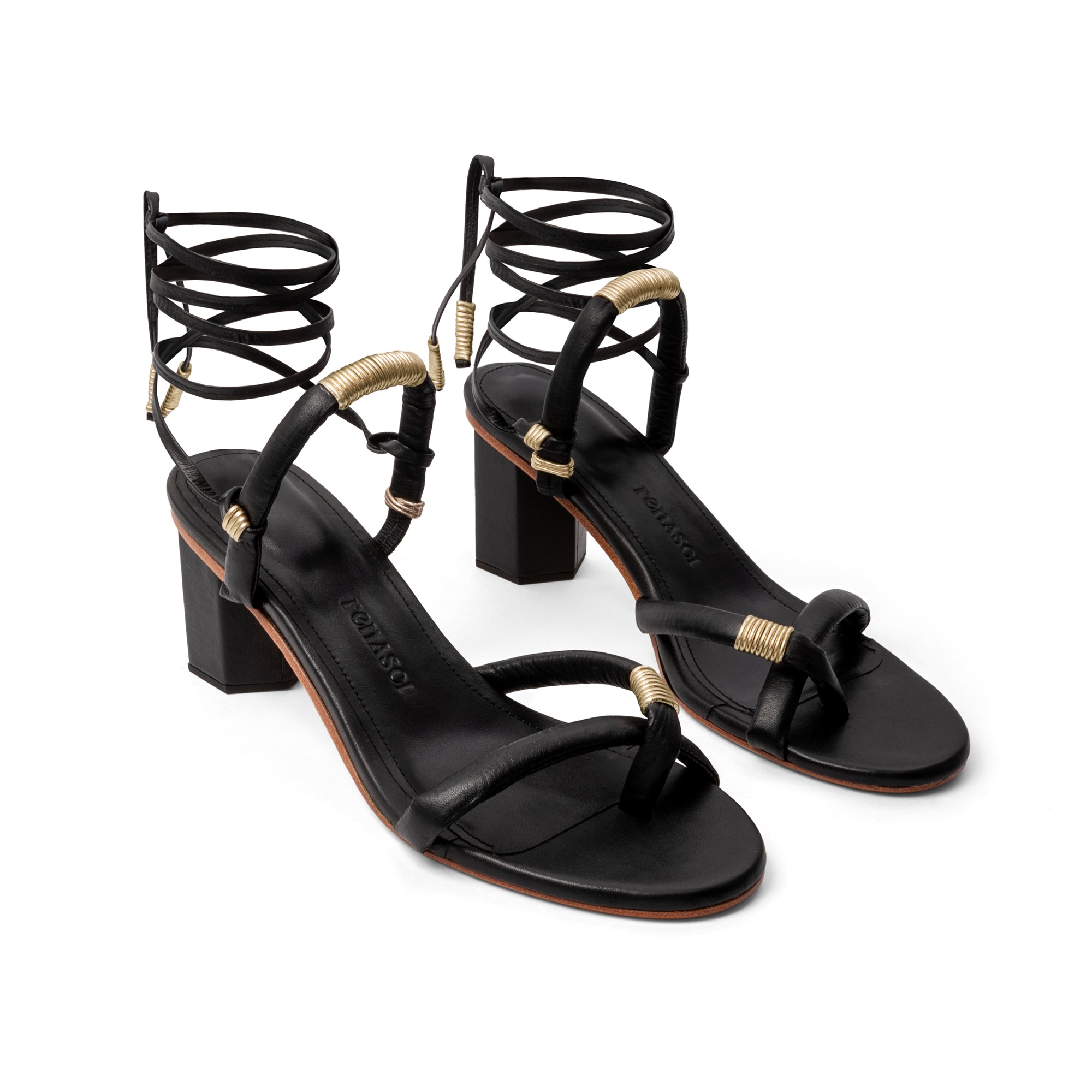 Front view of Ana Sandals pair, highlighting leather straps, toe loops, and metallic gold 'hilovivo' butterfly accents.